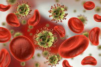 Un schéma de virus au milieu de globules rouges