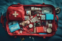 Une trousse de secours sur un fond bleu