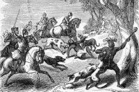 Une gravure représentant des soldats espagnols et leurs chiens attaquant des Indiens d'Amérique