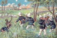 Un dessin de la prise de Marovoay, Madagascar, par les Français, 1895