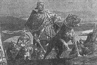 Une gravure représentant un soldat romain tenant en laisse un molosse