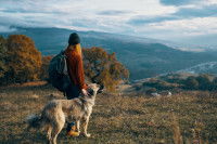 Une femme et son chien en train de faire de la randonnée en montagne