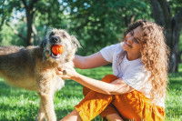Un chien joue et se fait caresser par une fille à l'extérieur