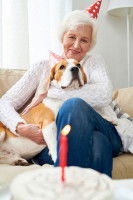 Une dame âgée avec un chapeau pointu d'anniversaire serre son chien dans ses bras