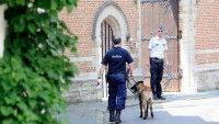 Chien policier qui marche à côté de son maître