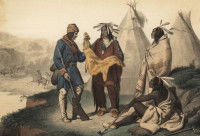 Une gravure du 19ème siècle montrant un trappeur européen achetant des peaux d'animaux à des Amérindiens