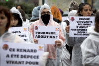 Des personnes tenant des panneaux lors d'une manifestation contre la fourrure