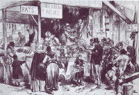 Dessin d'un marché à viande de chien pendant le siège de Paris en 1870