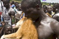 Un membre d'une tribu africaine tenant un chien mort entre ses dents