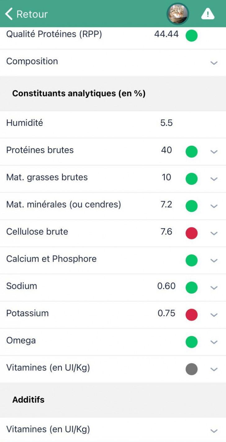 Une capture d'écran de l'application Gamelle montrant des informations nutritionnelles sur un produit