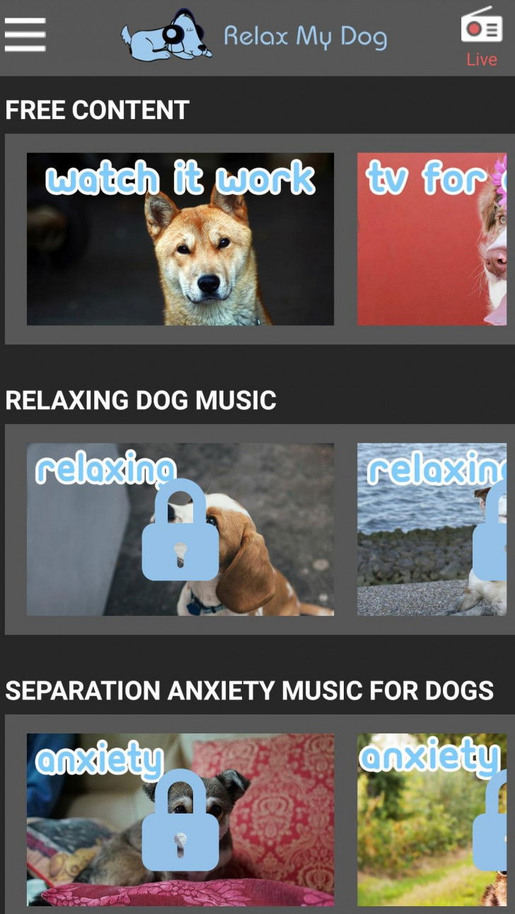 Une capture d'écran de l'application RelaxMyDog montrant différentes musiques pour chien