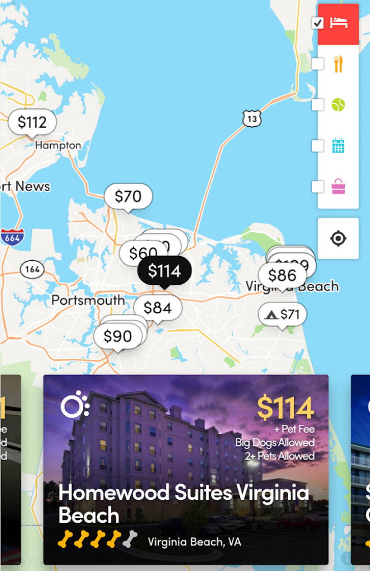 Une capture d'écran de l'application BringFido montrant différents lieux acceptant les chiens sur un plan