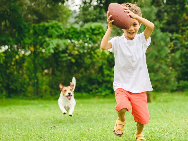 Un petit garçon joue avec son chien à l'aide d'un ballon de rugby