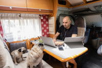 Un homme dans un camping-car avec ses deux chiens