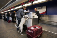 Une femme avec son chien s'enregistrant à un aéroport