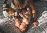 Un jeune papa avec son bébé et son chien sur le lit