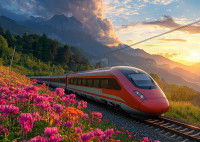 Un train Trenitalia qui circule en zone rurale, avec des fleurs roses au premier plan