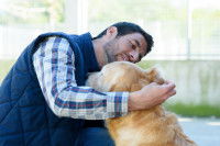 Un homme examine les oreilles de son chien