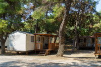 Un mobil home avec une terrasse en bois, à l'ombre des arbres.