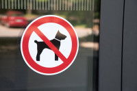 Une porte avec un panneau d'interdiction aux chiens (chien barré).