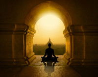 Un homme avec une pose de yoga dans un temple bouddhiste