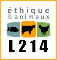 Le logo de L214 avec un poisson, une vache et une poule dessinés dans des carrés de couleur