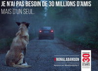 L'affiche d'une campagne contre l'abandon de la fondation 30 millions d'amis montrant un chien regarder la voiture de son maître s'éloigner