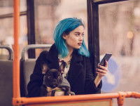 Une maitresse assise dans un bus tenant un Bouledogue Français dans ses bras 