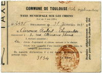 Récépissé de taxe municipale sur les chiens de la mairie de Toulouse