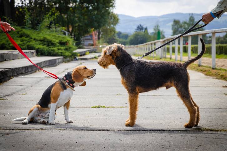 Un Airedale Terrier en promenade avec un Beagle