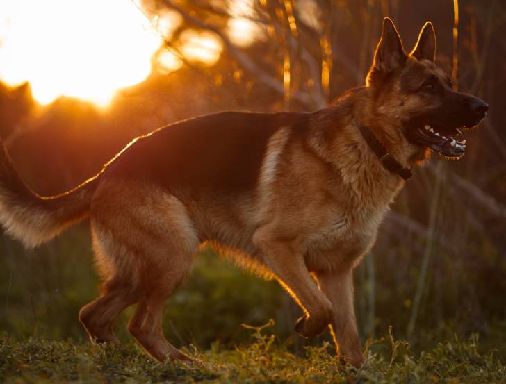 Un Berger Allemand en promenade pendant le coucher du soleil