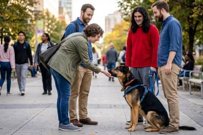 Un berger allemand assis et faisant la connaissance d'un groupe de personnes sur un trottoir urbain pendant qu'une femme lui tend la main.