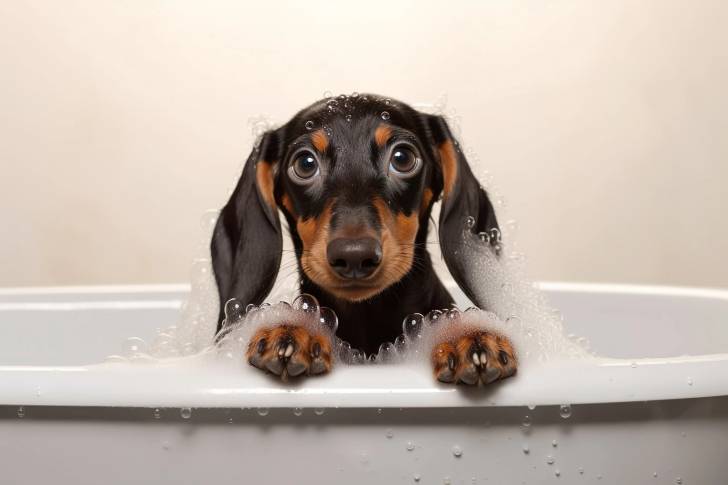 Un Teckel dans une baignoire