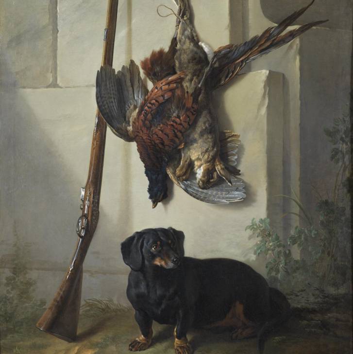 Œuvre d'art d'un Teckel noir, un fusil et des oiseaux de chasse sur un mur