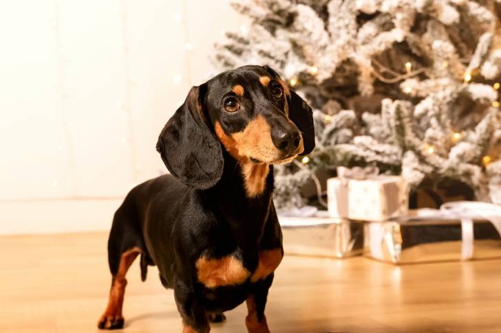 Un Teckel près d'un sapin de Noël  