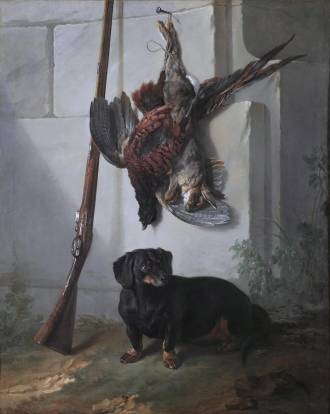 La peinture de Jean-Baptiste Oudry intitulée « Le Teckel Pehr avec un gibier et un fusil » (1740)
