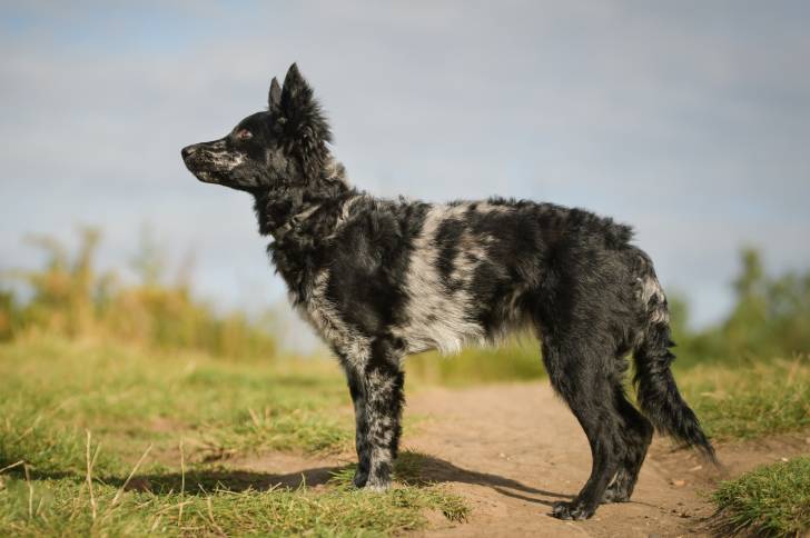 Un Mudi black merle debout en extérieur