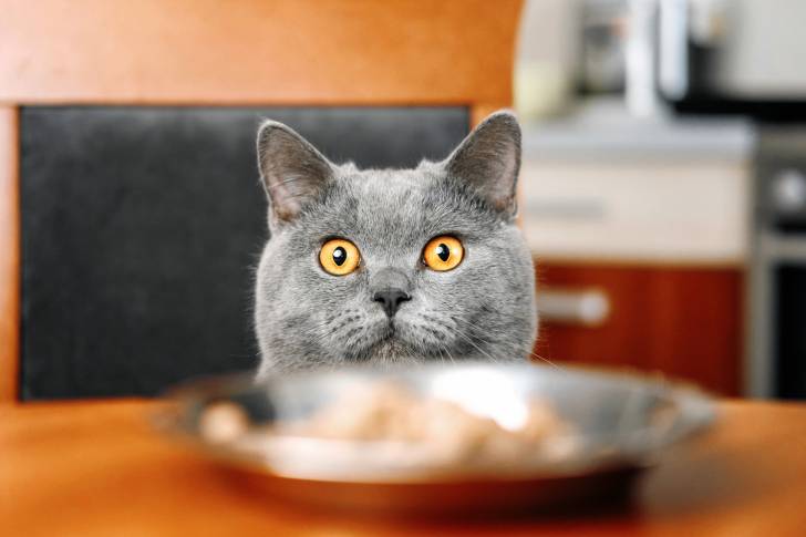 Tête d'un British Shorthair dépassant de la table