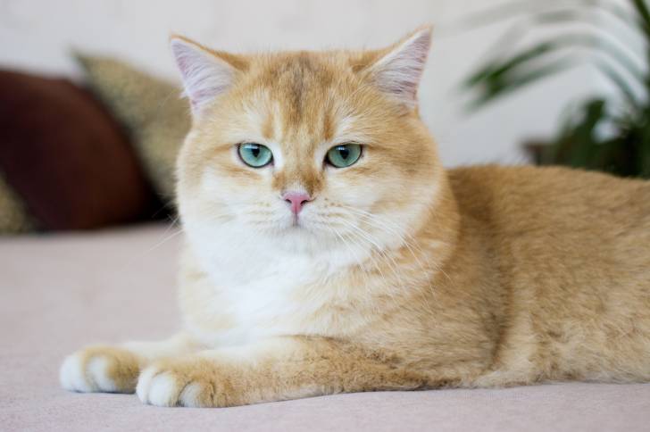Un British Shorthair allongé sur un lit