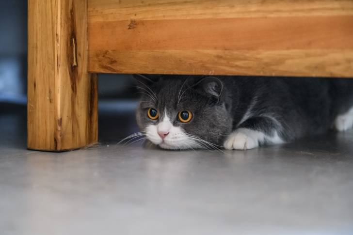 Un British Shorthair caché sous un lit