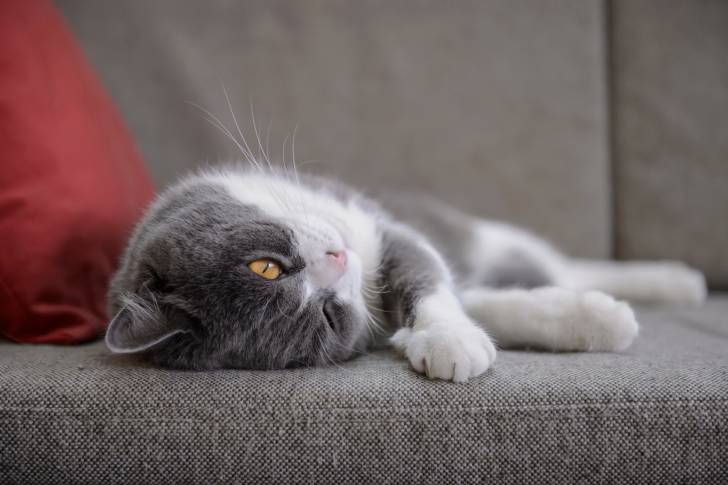 Un British Shorthair allongé sur un canapé