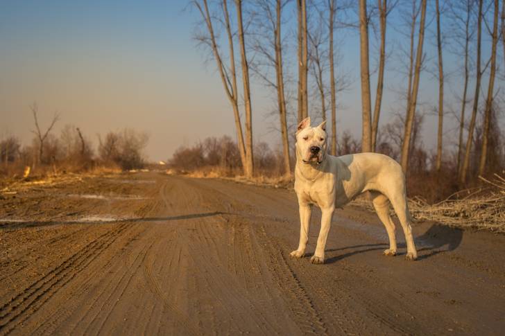 Un Dogue Argentin sur une route déserte
