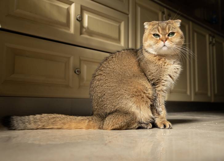 Un Scottish Fold aux yeux verts assis dans une maison