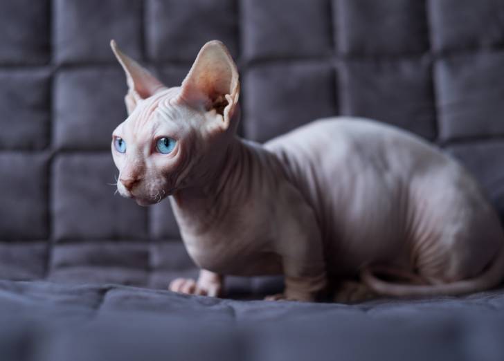 Un chat Bambino aux yeux bleus