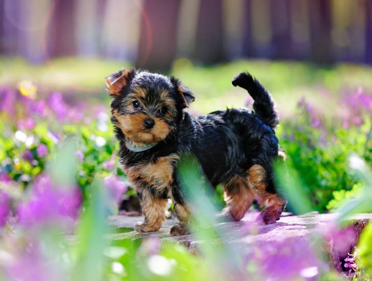 Un chiot Yorkshire Terrier qui se balade dans un jardin