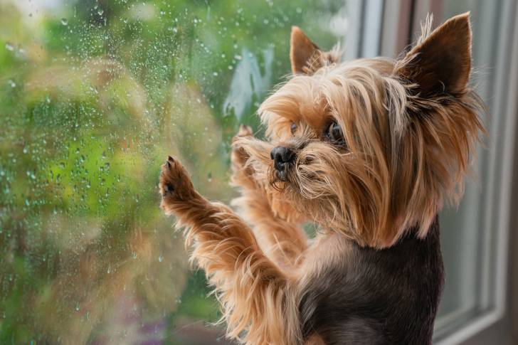 Un Yorkshire Terrier regardant par la fenêtre pendant un jour de pluie