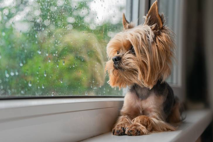  Un Yorkshire Terrier regardant la pluie par la fenêtre