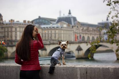 Une femme et son Yorkshire Terrier posant au bord de la Seine à Paris 