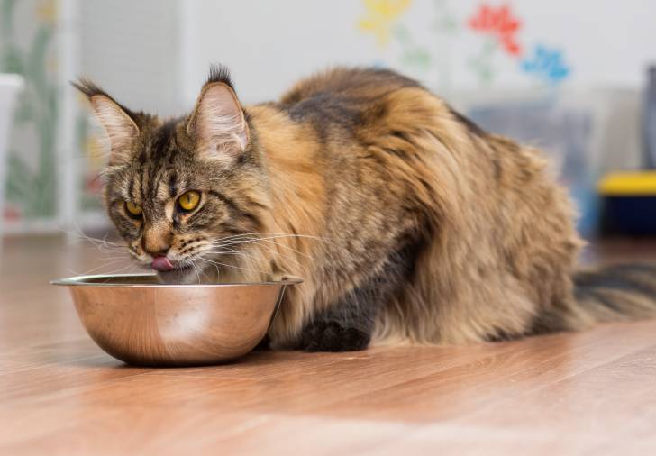 Un Maine Coon mange dans une gamelle