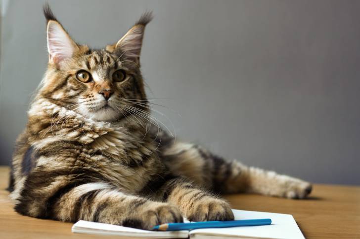 Un Maine Coon allongé devant un cahier